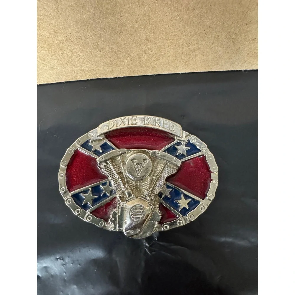 Vintage Dixie Biker V-Twin Motorcycle Belt Buckle Rebel Southern Style Red Blue